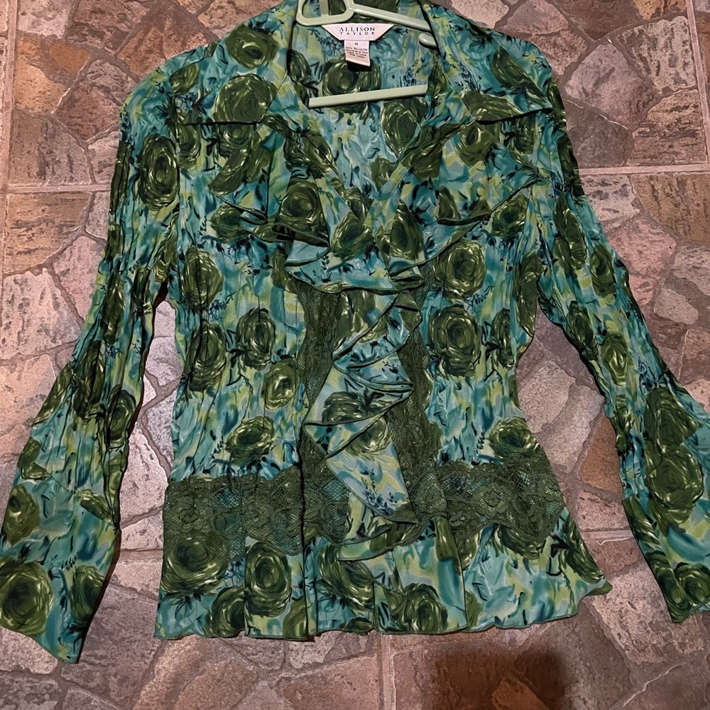 Semi sheer green floral blouse